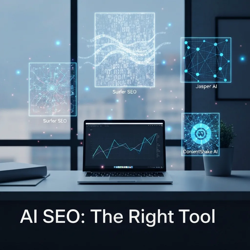 A futuristic digital workspace featuring a laptop surrounded by three glowing holographic projections, each representing an AI SEO tool: data visualization for Surfer SEO, creative text patterns for Jasper AI, and interconnected network lines for Semrush ContentShake AI. The image illustrates the comparison of "Surfer SEO vs Jasper vs Semrush ContentShake AI: The Best AI SEO Tool for Bloggers in 2025."