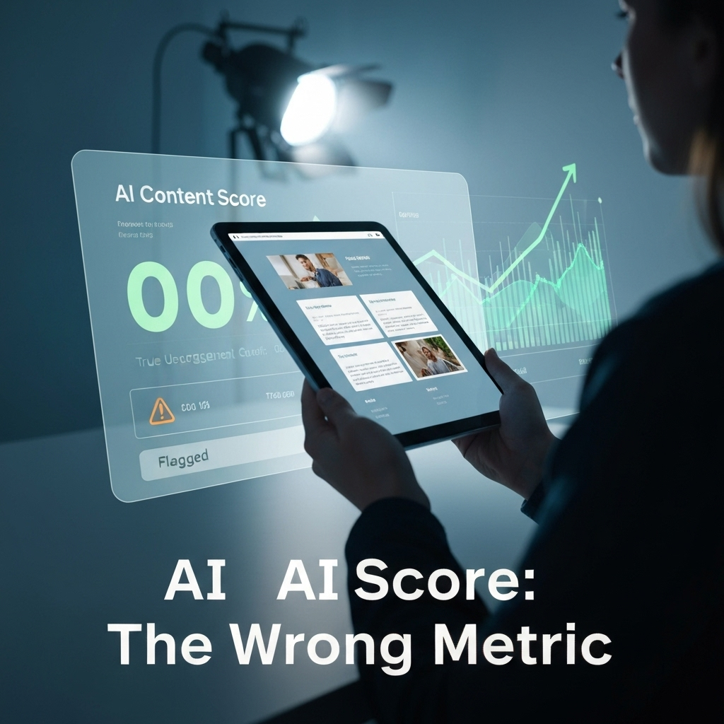 A modern image contrasting a glitching digital display showing a low AI content score with a human hand holding a tablet displaying engaging content and positive data trends, illustrating the difference between AI Content Score vs. True Content Quality: A Data-Driven Comparison.