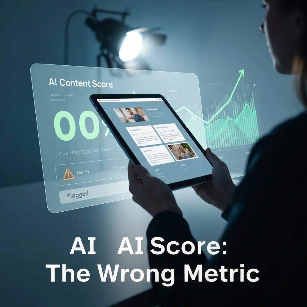 A modern image contrasting a glitching digital display showing a low AI content score with a human hand holding a tablet displaying engaging content and positive data trends, illustrating the difference between AI Content Score vs. True Content Quality: A Data-Driven Comparison.