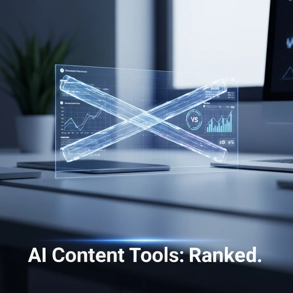 Holographic interface comparing AI content scoring tools like Surfer SEO and Clearscope, representing the best AI content scoring tools of 2025 and their alternatives.