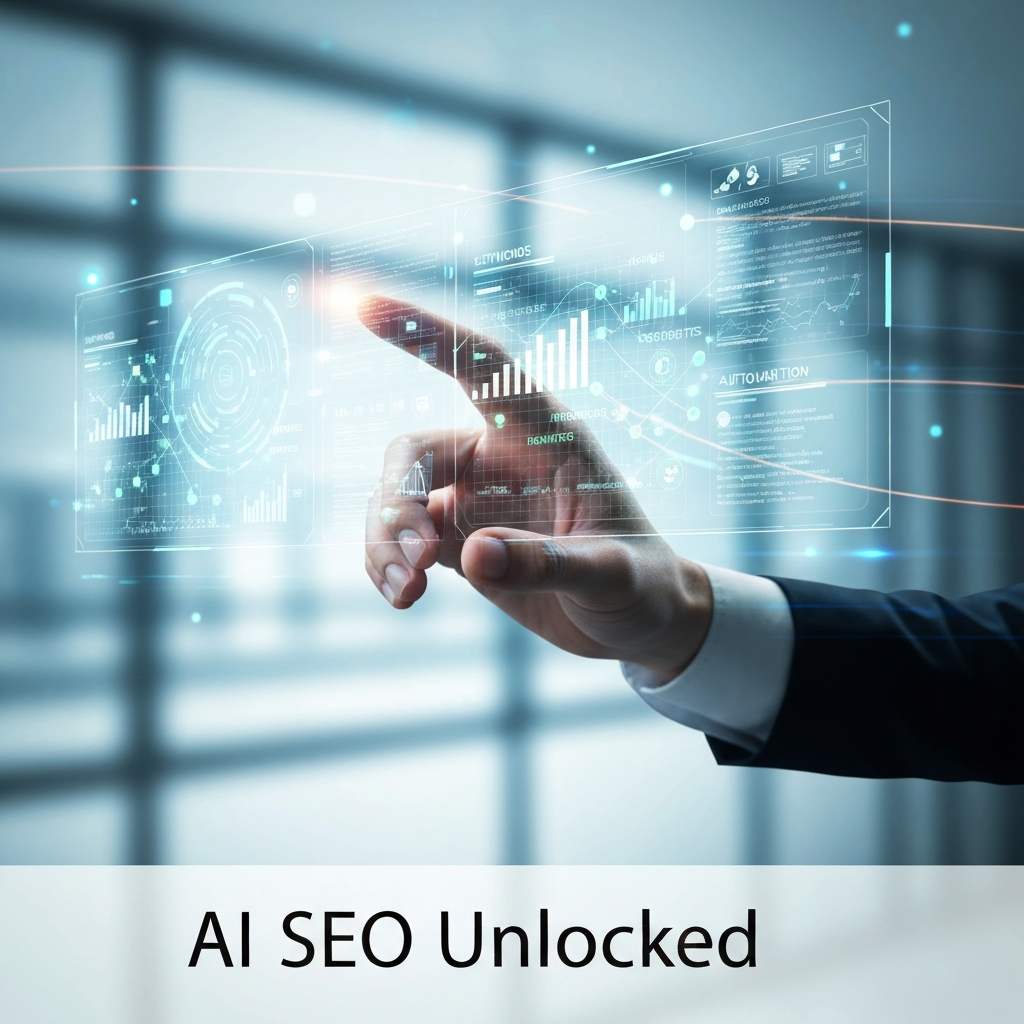 A human hand interacting with a holographic digital interface displaying AI-powered SEO data and keywords, representing a complete beginner's guide to AI SEO tools.