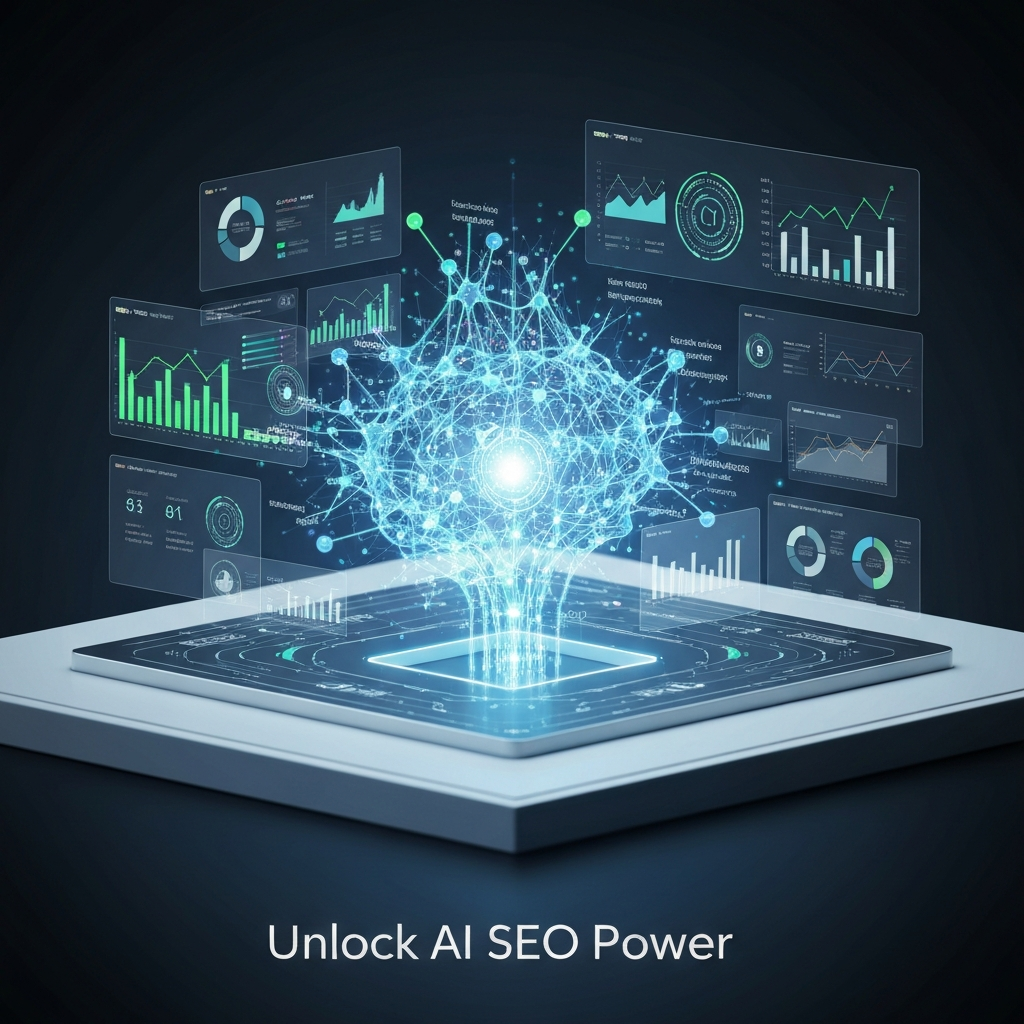 A futuristic digital brain or neural network interacting with holographic SEO data visualizations, with the headline "Unlock AI SEO Power" overlaid. Represents AI-driven SEO analytics tools and strategic insights for 2025.